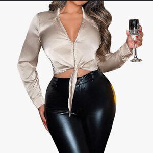 Sleek Satin Champagne Taupe Tie-Front Blouse